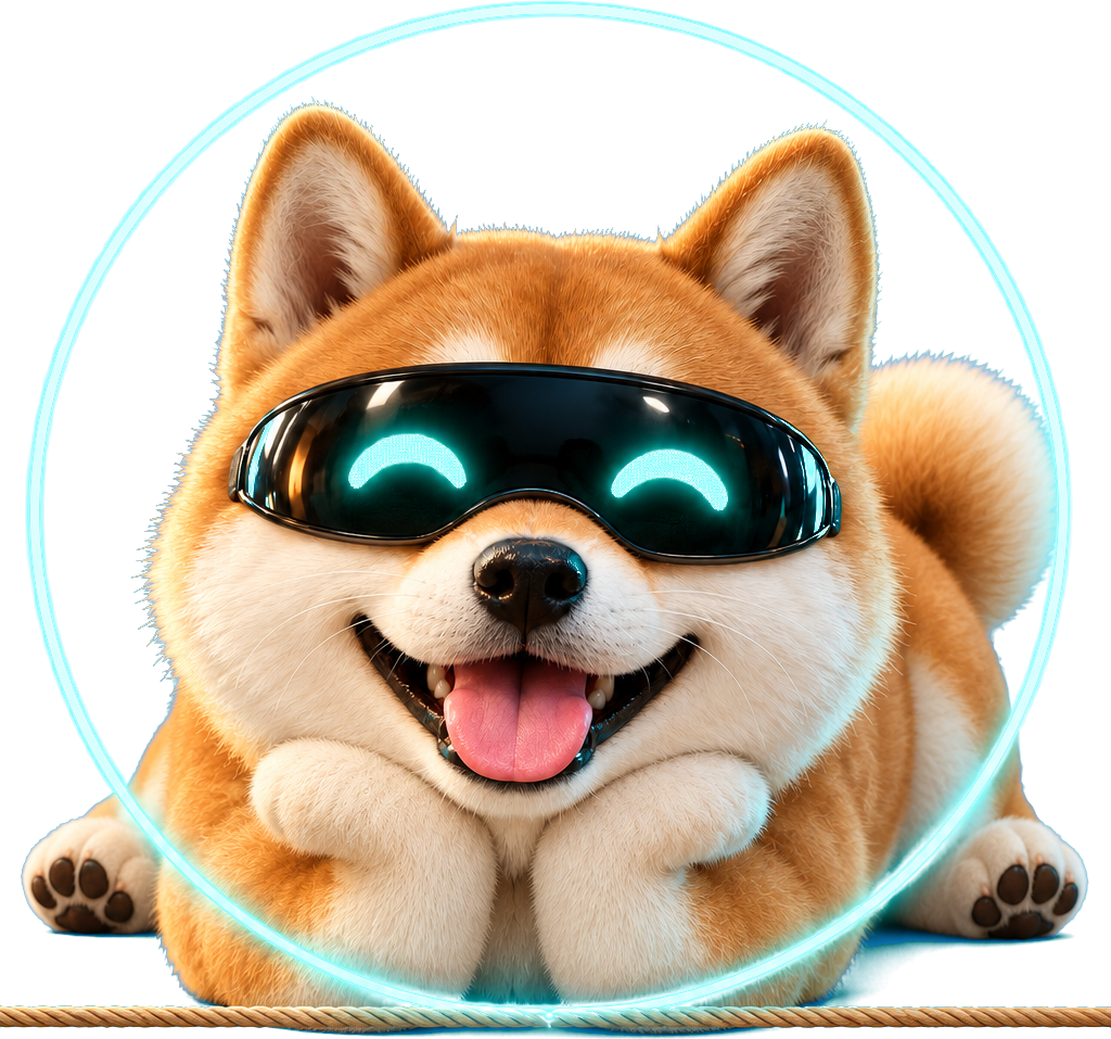 Hypewire's neon turquoise ring rests on a single taut horizontal tightrope against a dark teal background. Inside the ring, the tan-and-white Shiba Inu head smiles with a pink tongue beneath a glossy black visor with glowing turquoise eyes.